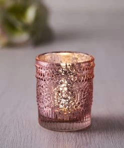 HIER_4320 6 Pack | Blush/Rose Gold Mercury Glass Candle Holders, Votive Tealight Holders With Primrose Design