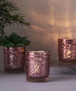 HIER_4320 6 Pack | Blush/Rose Gold Mercury Glass Candle Holders, Votive Tealight Holders With Primrose Design