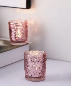 HIER_4320 6 Pack | Blush/Rose Gold Mercury Glass Candle Holders, Votive Tealight Holders With Primrose Design