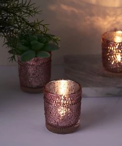 HIER_4320 6 Pack | Blush/Rose Gold Mercury Glass Candle Holders, Votive Tealight Holders With Primrose Design
