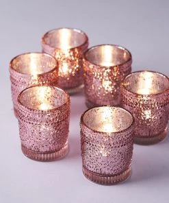 HIER_4320 6 Pack | Blush/Rose Gold Mercury Glass Candle Holders, Votive Tealight Holders With Primrose Design