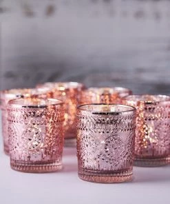 HIER_4320 6 Pack | Blush/Rose Gold Mercury Glass Candle Holders, Votive Tealight Holders With Primrose Design