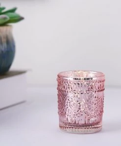 HIER_4320 6 Pack | Blush/Rose Gold Mercury Glass Candle Holders, Votive Tealight Holders With Primrose Design