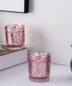 HIER_4320 6 Pack | Blush/Rose Gold Mercury Glass Candle Holders, Votive Tealight Holders With Primrose Design