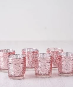 HIER_4320 6 Pack | Blush/Rose Gold Mercury Glass Candle Holders, Votive Tealight Holders With Primrose Design