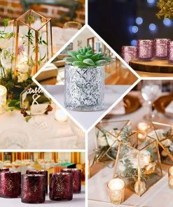 HIER_4320 6 Pack | Blush/Rose Gold Mercury Glass Candle Holders, Votive Tealight Holders With Primrose Design