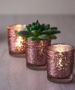HIER_4320 6 Pack | Blush/Rose Gold Mercury Glass Candle Holders, Votive Tealight Holders With Primrose Design