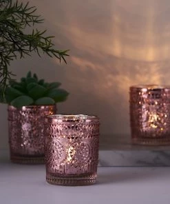 HIER_4320 6 Pack | Blush/Rose Gold Mercury Glass Candle Holders, Votive Tealight Holders With Primrose Design