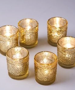 HIER_4320 6 Pack | Gold Mercury Glass Primrose Candle Holders, Votive Tealight Holders Chargers & Centerpieces