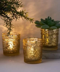 HIER_4320 6 Pack | Gold Mercury Glass Primrose Candle Holders, Votive Tealight Holders Chargers & Centerpieces