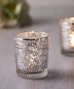 HIER_4320 Chargers & Centerpieces 6 Pack | Silver Mercury Glass Primrose Candle Holders, Votive Tealight Holders