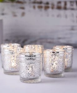 HIER_4320 Chargers & Centerpieces 6 Pack | Silver Mercury Glass Primrose Candle Holders, Votive Tealight Holders