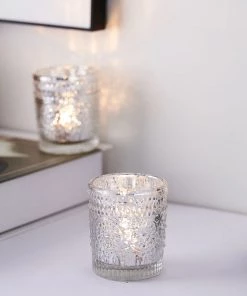 HIER_4320 Chargers & Centerpieces 6 Pack | Silver Mercury Glass Primrose Candle Holders, Votive Tealight Holders