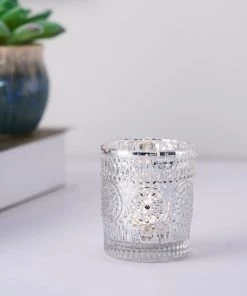 HIER_4320 Chargers & Centerpieces 6 Pack | Silver Mercury Glass Primrose Candle Holders, Votive Tealight Holders