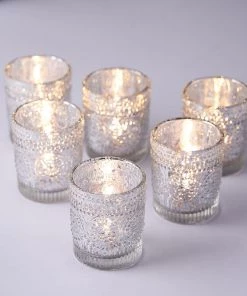 HIER_4320 Chargers & Centerpieces 6 Pack | Silver Mercury Glass Primrose Candle Holders, Votive Tealight Holders