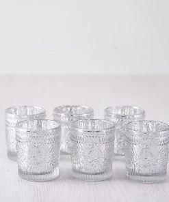 HIER_4320 Chargers & Centerpieces 6 Pack | Silver Mercury Glass Primrose Candle Holders, Votive Tealight Holders