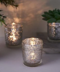HIER_4320 Chargers & Centerpieces 6 Pack | Silver Mercury Glass Primrose Candle Holders, Votive Tealight Holders
