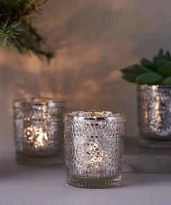HIER_4320 Chargers & Centerpieces 6 Pack | Silver Mercury Glass Primrose Candle Holders, Votive Tealight Holders
