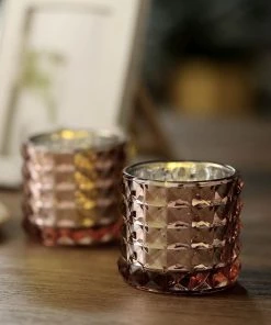 HIER_4320 Chargers & Centerpieces 6 Pack | 3" Studded Blush/Rose Gold Mercury Glass Candle Holders, Votive Tealight Holders