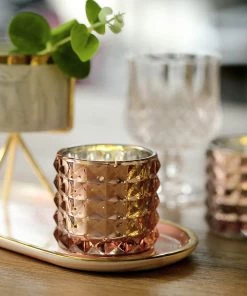 HIER_4320 Chargers & Centerpieces 6 Pack | 3" Studded Blush/Rose Gold Mercury Glass Candle Holders, Votive Tealight Holders