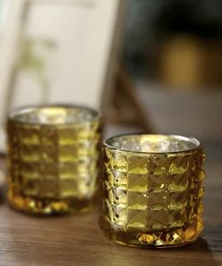 HIER_4320 Chargers & Centerpieces 6 Pack | 3" Studded Gold Mercury Glass Candle Holders, Votive Tealight Holders
