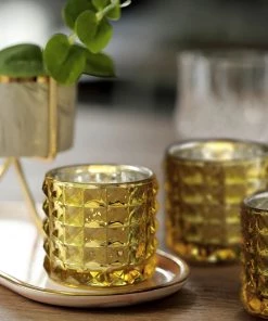 HIER_4320 Chargers & Centerpieces 6 Pack | 3" Studded Gold Mercury Glass Candle Holders, Votive Tealight Holders