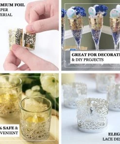 HIER_4320 Chargers & Centerpieces 20 Pack | Silver Foil Paper Floral Lace Candle Holder Wraps, Votive Tealight Decorative Wraps