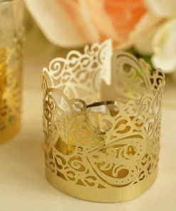 HIER_4320 20 Pack | Gold Foil Paper Floral Lace Candle Holder Wraps, Votive Tealight Decorative Wraps Chargers & Centerpieces