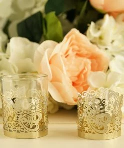 HIER_4320 20 Pack | Gold Foil Paper Floral Lace Candle Holder Wraps, Votive Tealight Decorative Wraps Chargers & Centerpieces