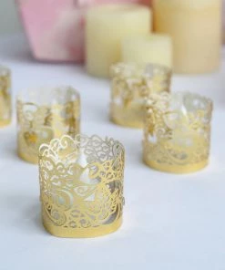 HIER_4320 20 Pack | Gold Foil Paper Floral Lace Candle Holder Wraps, Votive Tealight Decorative Wraps Chargers & Centerpieces
