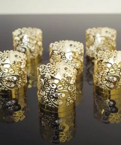 HIER_4320 20 Pack | Gold Foil Paper Floral Lace Candle Holder Wraps, Votive Tealight Decorative Wraps Chargers & Centerpieces