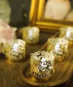HIER_4320 20 Pack | Gold Foil Paper Floral Lace Candle Holder Wraps, Votive Tealight Decorative Wraps Chargers & Centerpieces