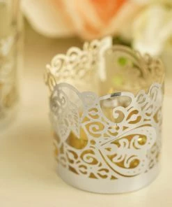HIER_4320 Chargers & Centerpieces 20 Pack | Silver Foil Paper Floral Lace Candle Holder Wraps, Votive Tealight Decorative Wraps