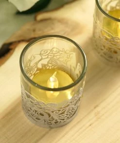 HIER_4320 Chargers & Centerpieces 20 Pack | Silver Foil Paper Floral Lace Candle Holder Wraps, Votive Tealight Decorative Wraps