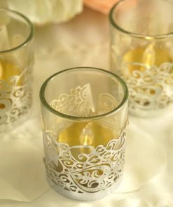 HIER_4320 Chargers & Centerpieces 20 Pack | Silver Foil Paper Floral Lace Candle Holder Wraps, Votive Tealight Decorative Wraps