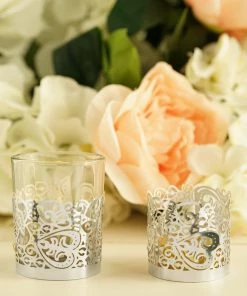 HIER_4320 Chargers & Centerpieces 20 Pack | Silver Foil Paper Floral Lace Candle Holder Wraps, Votive Tealight Decorative Wraps
