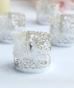 HIER_4320 Chargers & Centerpieces 20 Pack | Silver Foil Paper Floral Lace Candle Holder Wraps, Votive Tealight Decorative Wraps
