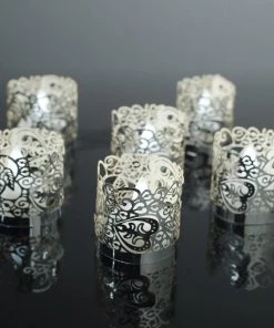 HIER_4320 Chargers & Centerpieces 20 Pack | Silver Foil Paper Floral Lace Candle Holder Wraps, Votive Tealight Decorative Wraps