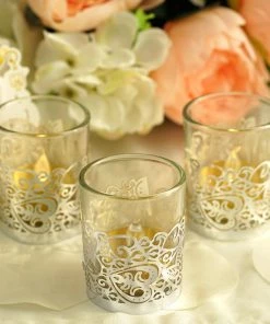 HIER_4320 Chargers & Centerpieces 20 Pack | Silver Foil Paper Floral Lace Candle Holder Wraps, Votive Tealight Decorative Wraps
