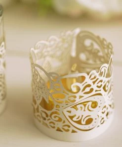 HIER_4320 Chargers & Centerpieces 20 Pack | White Foil Paper Floral Lace Candle Holder Wraps, Votive Tealight Decorative Wraps