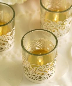 HIER_4320 Chargers & Centerpieces 20 Pack | White Foil Paper Floral Lace Candle Holder Wraps, Votive Tealight Decorative Wraps