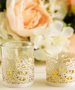 HIER_4320 Chargers & Centerpieces 20 Pack | White Foil Paper Floral Lace Candle Holder Wraps, Votive Tealight Decorative Wraps