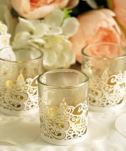 HIER_4320 Chargers & Centerpieces 20 Pack | White Foil Paper Floral Lace Candle Holder Wraps, Votive Tealight Decorative Wraps
