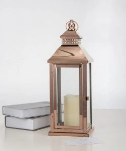 HIER_4310 Chargers & Centerpieces 19" Blush/Rose Gold Prism Top Stainless Steel Candle Lantern Centerpiece Outdoor Metal Patio Lantern