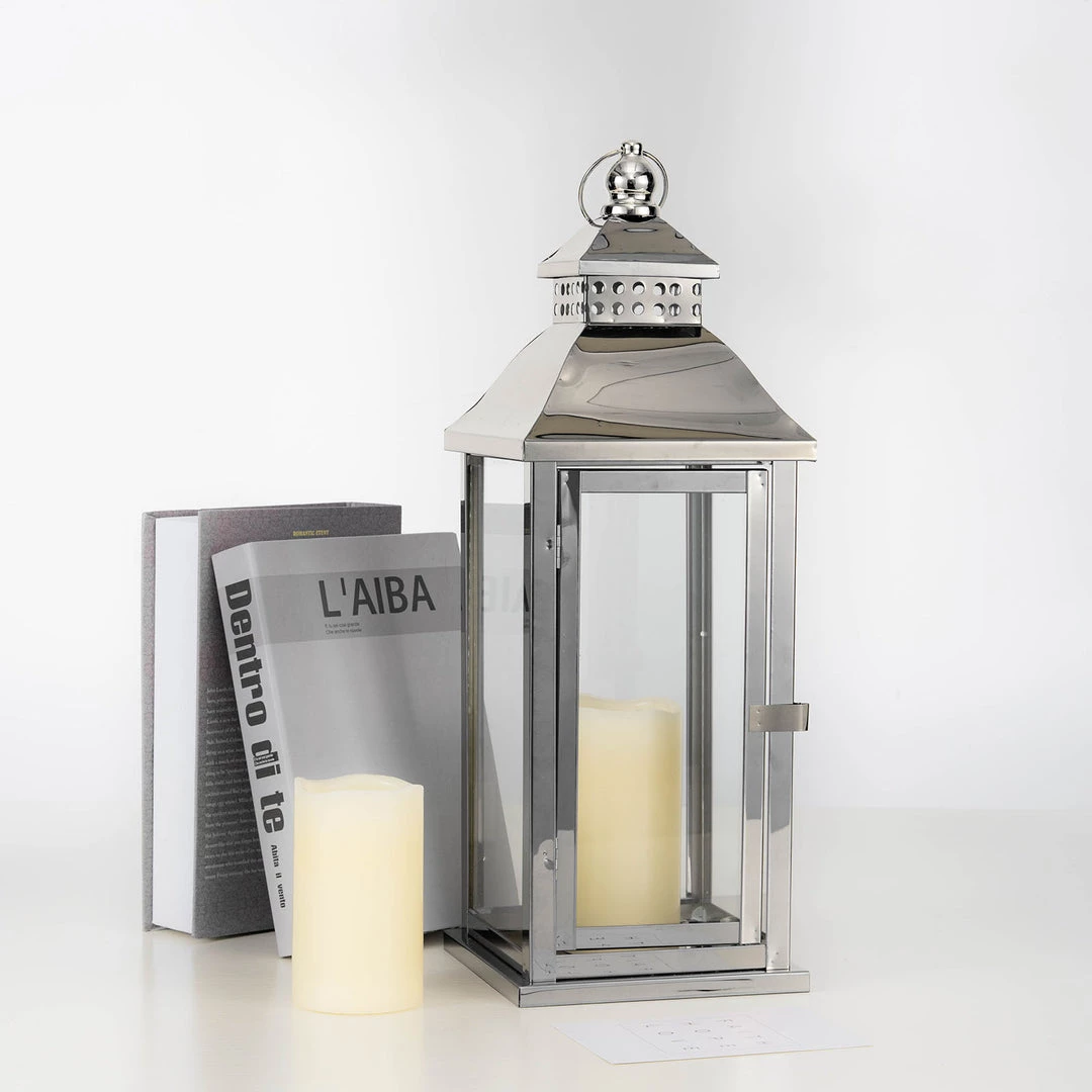 HIER_4310 19" Silver Prism Top Stainless Steel Candle Lantern Centerpiece Outdoor Metal Patio Lantern Chargers & Centerpieces 8 HIER_4310 19" Silver Prism Top Stainless Steel Candle Lantern Centerpiece Outdoor Metal Patio Lantern Chargers & Centerpieces