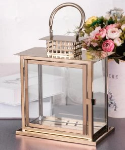 HIER_4310 Chargers & Centerpieces 10" Blush/Rose Gold Cage Top Stainless Steel Candle Lantern Centerpiece Outdoor Metal Patio Lantern 35 HIER_4310 Chargers & Centerpieces 10