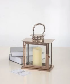 HIER_4310 Chargers & Centerpieces 10" Blush/Rose Gold Cage Top Stainless Steel Candle Lantern Centerpiece Outdoor Metal Patio Lantern 27 HIER_4310 Chargers & Centerpieces 10