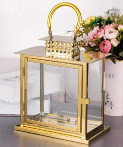 HIER_4310 10" Gold Cage Top Stainless Steel Candle Lantern Centerpiece Outdoor Metal Patio Lantern Chargers & Centerpieces 36 HIER_4310 10