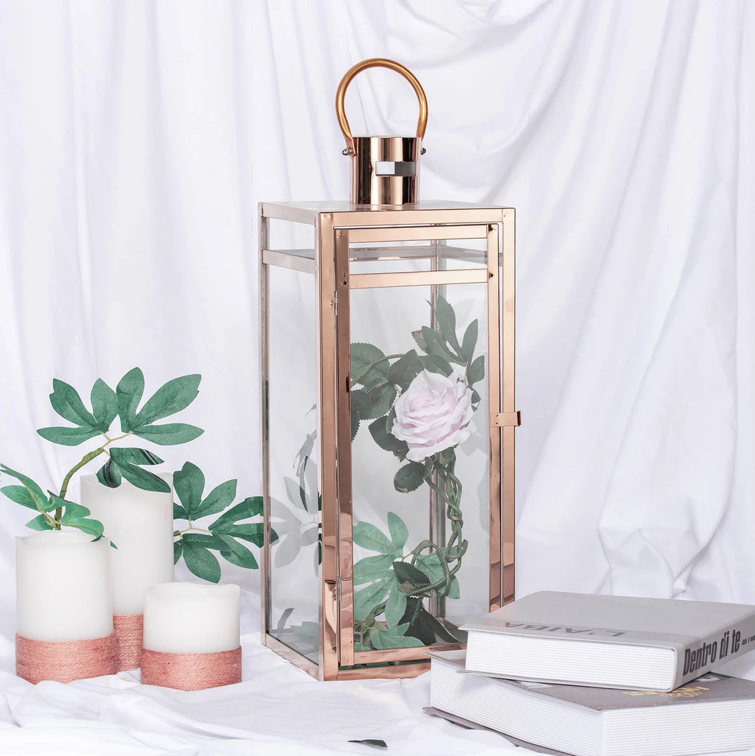 HIER_4310 Chargers & Centerpieces 22" Blush/Rose Gold Vintage Top Stainless Steel Candle Lantern Centerpiece Outdoor Metal Patio Lantern 12 HIER_4310 Chargers & Centerpieces 22" Blush/Rose Gold Vintage Top Stainless Steel Candle Lantern Centerpiece Outdoor Metal Patio Lantern