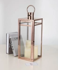 HIER_4310 Chargers & Centerpieces 22" Blush/Rose Gold Vintage Top Stainless Steel Candle Lantern Centerpiece Outdoor Metal Patio Lantern